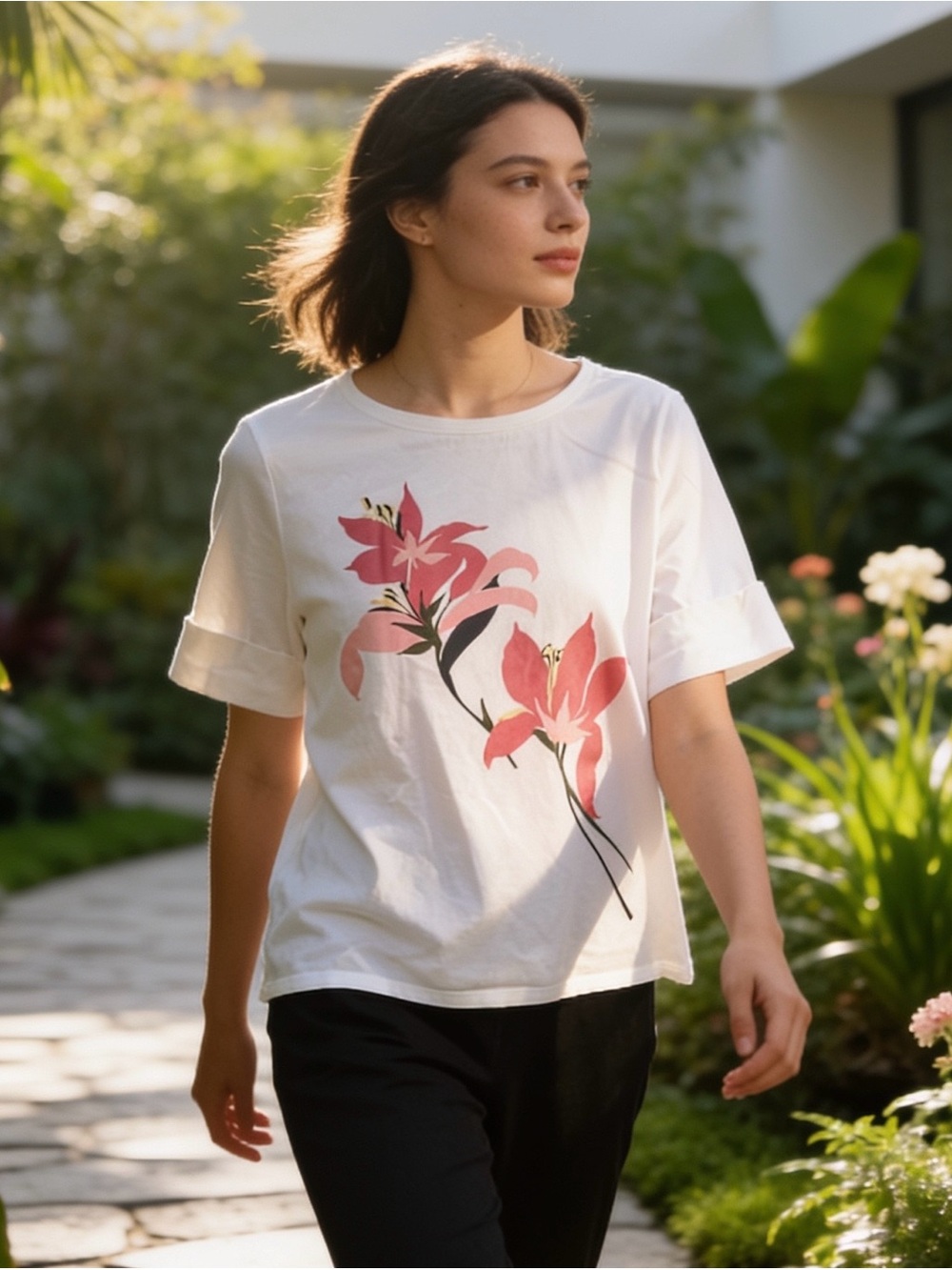 Liz Claiborne White Short-Sleeve Tee with Pink Lily Graphic